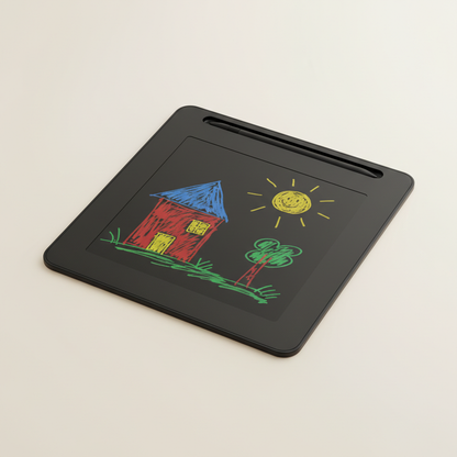 Black LCD writing tablet for kids with a colorful doodle on the screen