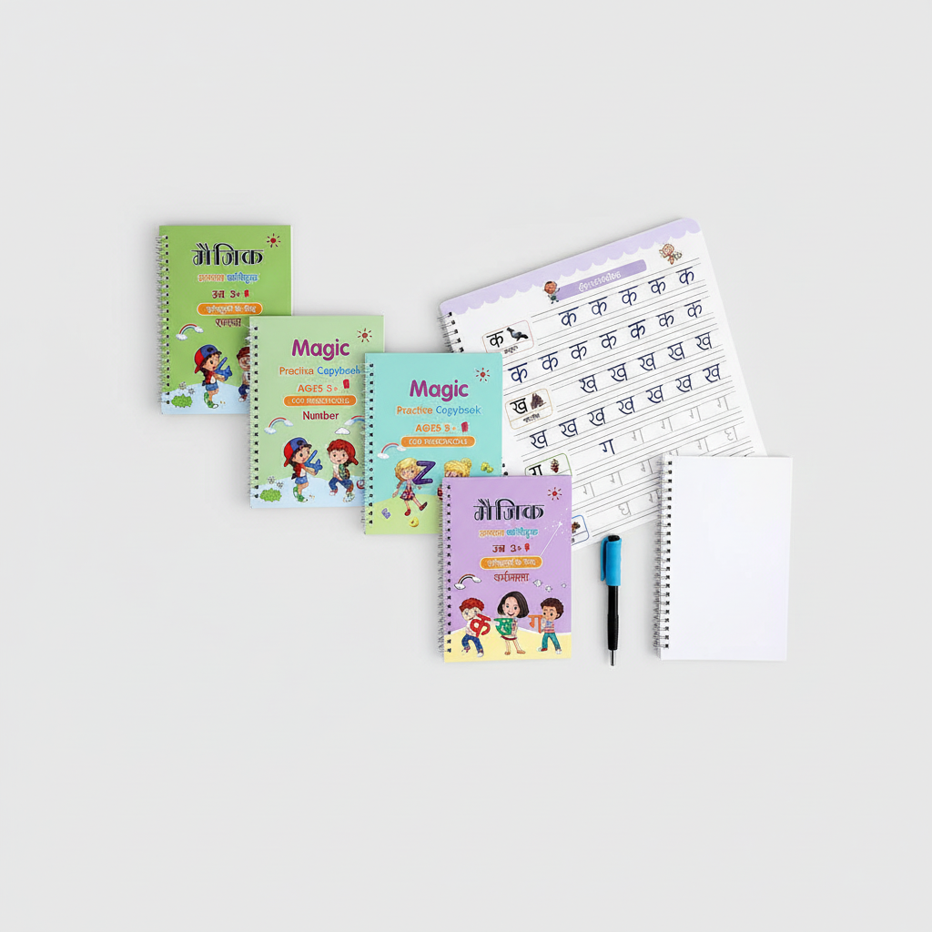 Four Magic Practice Copybooks with a practice page, pen and refill sheets arranged in a clean flat lay