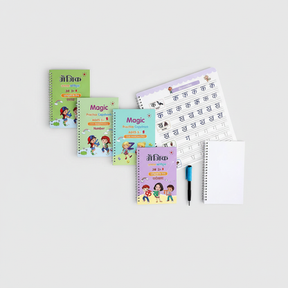 Four Magic Practice Copybooks with a practice page, pen and refill sheets arranged in a clean flat lay
