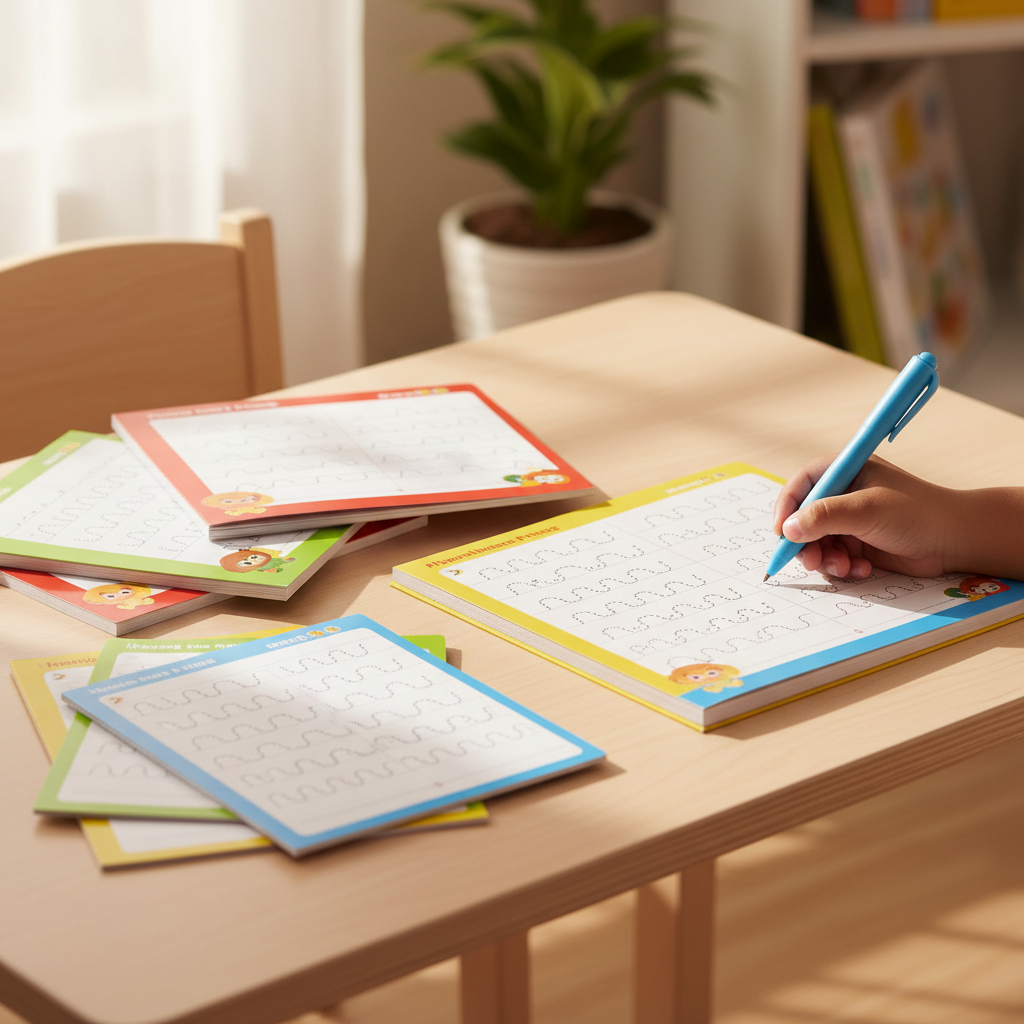 Child using a magic handwriting practice book with pen and grip at a study desk
