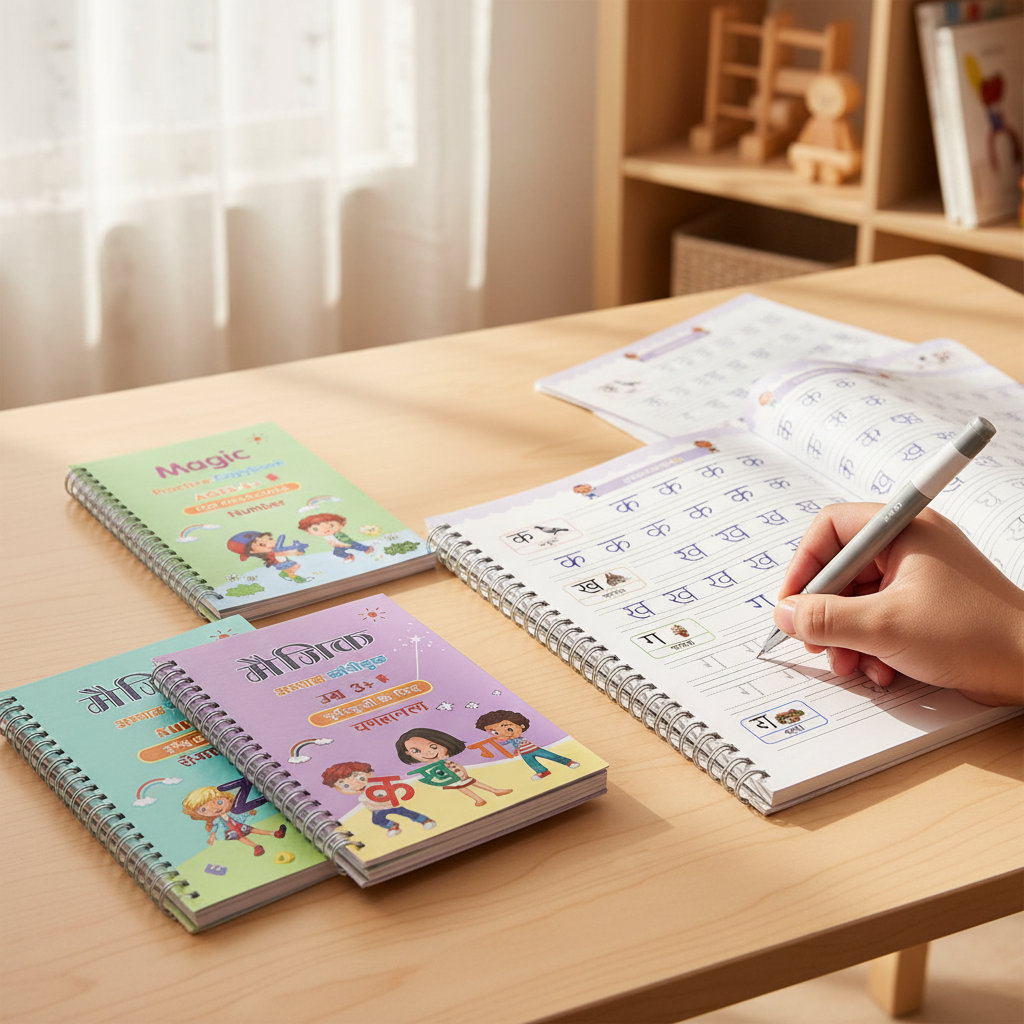 Child practising Hindi and English writing in a Magic Practice Copybook at a study desk