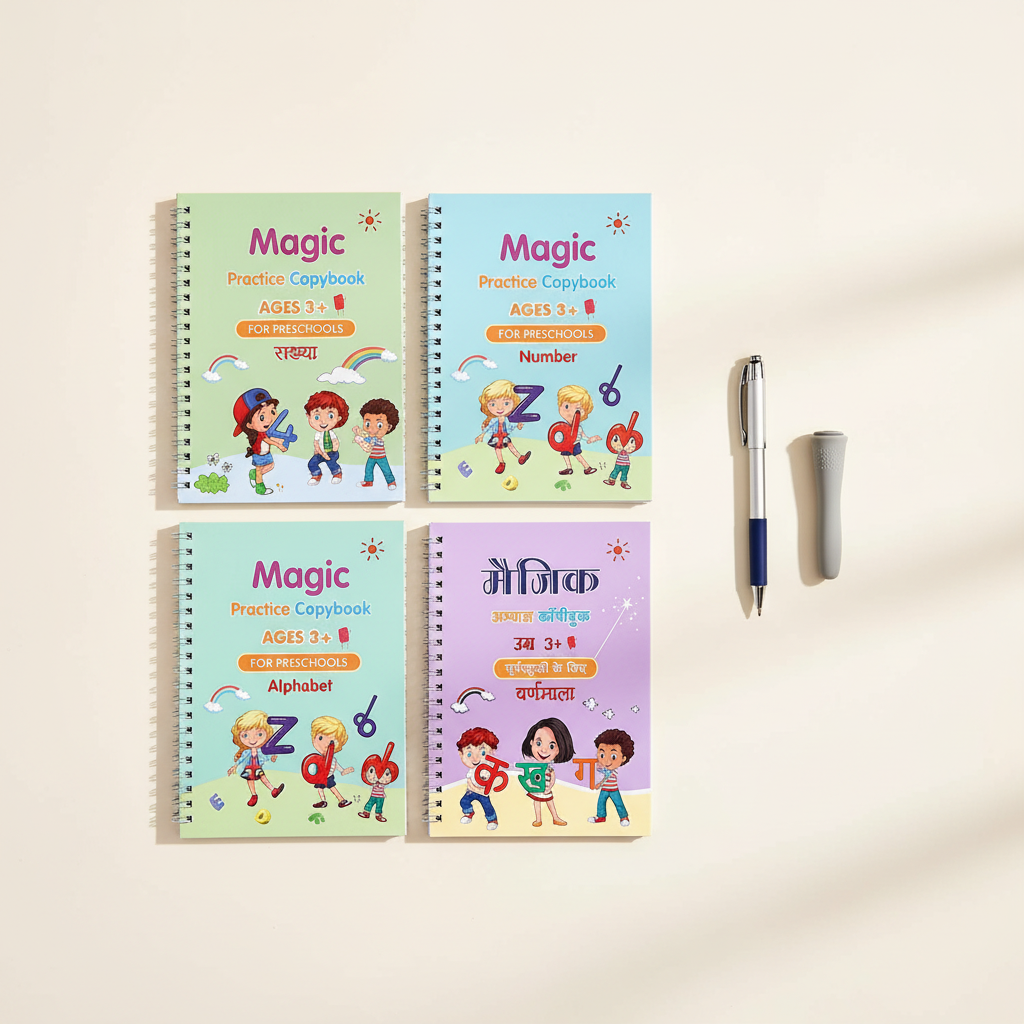 Four pastel green, teal and purple Magic Practice Copybooks with pen and grip on a clean background